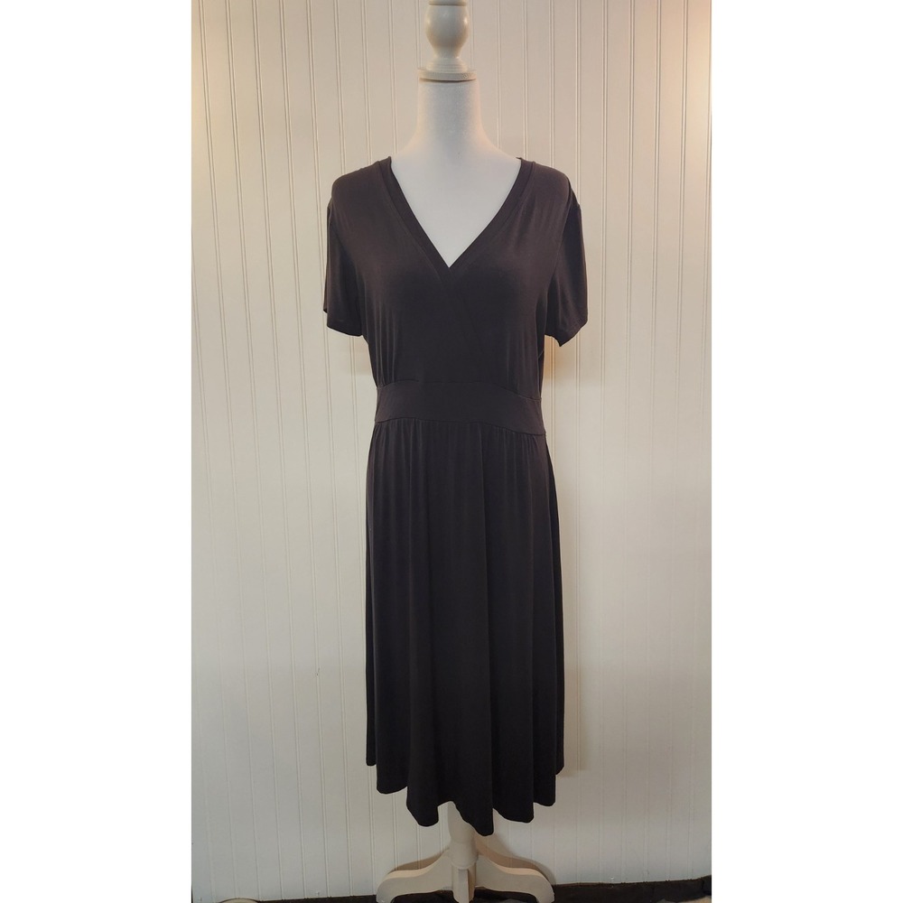 LL Bean Women's Black Jersey Knit Summer Dress Size M Empire Waist Midi Boho